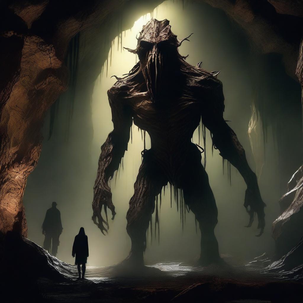 A photorealistic depiction of a horrifying, tall creature with skin resembling tree bark, standing alone in an expansive underground cavern