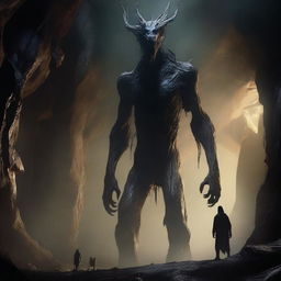 A photorealistic depiction of a horrifying, tall creature with skin resembling tree bark, standing alone in an expansive underground cavern