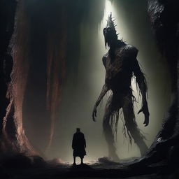 A photorealistic depiction of a horrifying, tall creature with skin resembling tree bark, standing alone in an expansive underground cavern