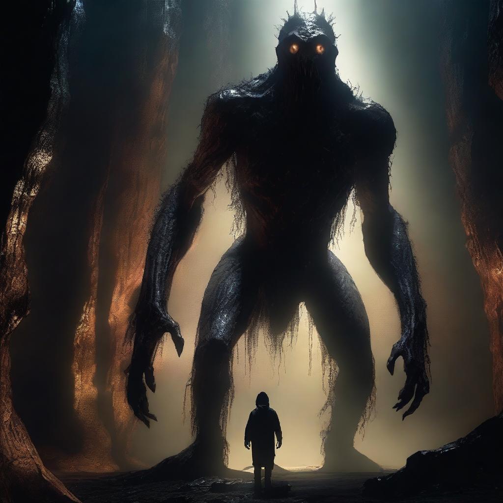 A photorealistic depiction of a frightening human-like creature, tall with skin like tree bark, standing menacingly in an expansive underground cavern