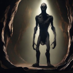 A photorealistic depiction of a frightening human-like creature, tall with skin like tree bark, standing menacingly in an expansive underground cavern