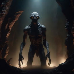 A photorealistic depiction of a frightening human-like creature, tall with skin like tree bark, standing menacingly in an expansive underground cavern