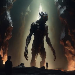 A photorealistic depiction of a frightening human-like creature, tall with skin like tree bark, standing menacingly in an expansive underground cavern