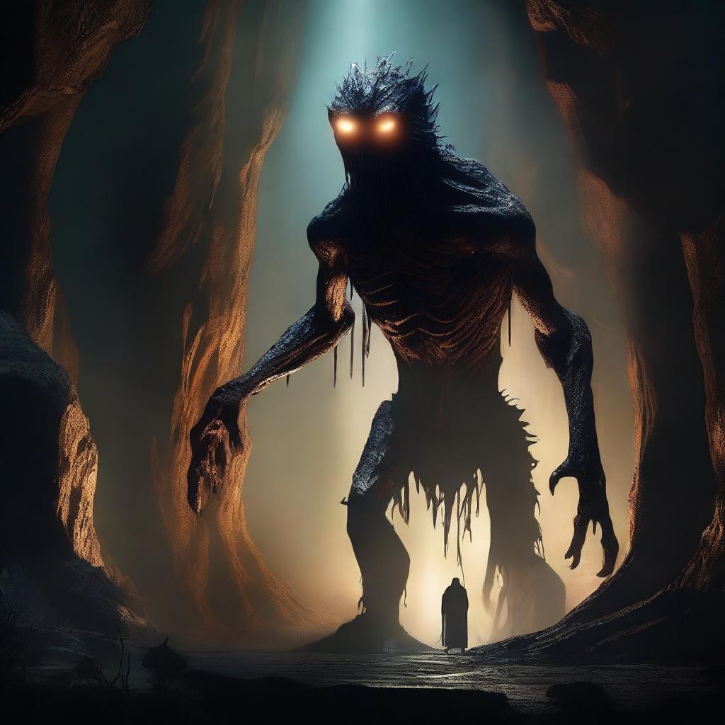 A photorealistic depiction of a frightening, tall creature with skin like tree bark, standing menacingly in an expansive underground cavern