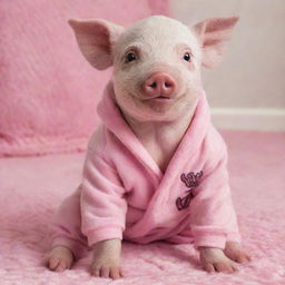 A baby pig sitting on a rug, wearing a pink Victoria's Secret pyjama set adorned with the VS logo.