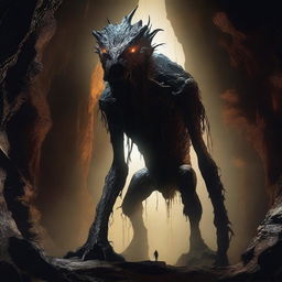 A photorealistic depiction of a frightening, tall creature with skin like tree bark, standing menacingly in an expansive underground cavern