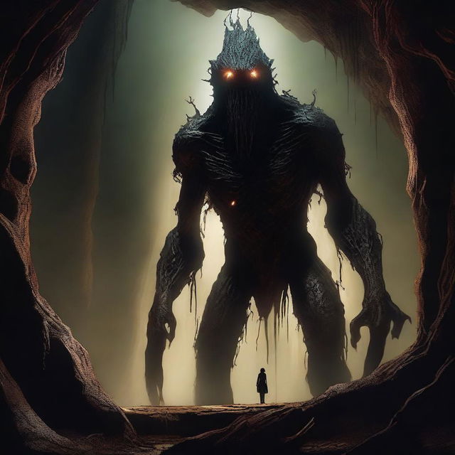 A photorealistic depiction of a frightening, tall creature with skin like tree bark, standing menacingly in an expansive underground cavern