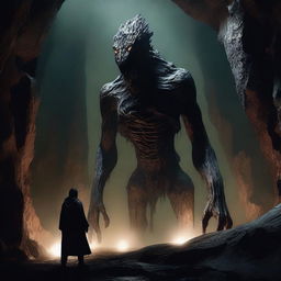 A photorealistic depiction of a frightening, tall creature with skin like tree bark, standing menacingly in an expansive underground cavern