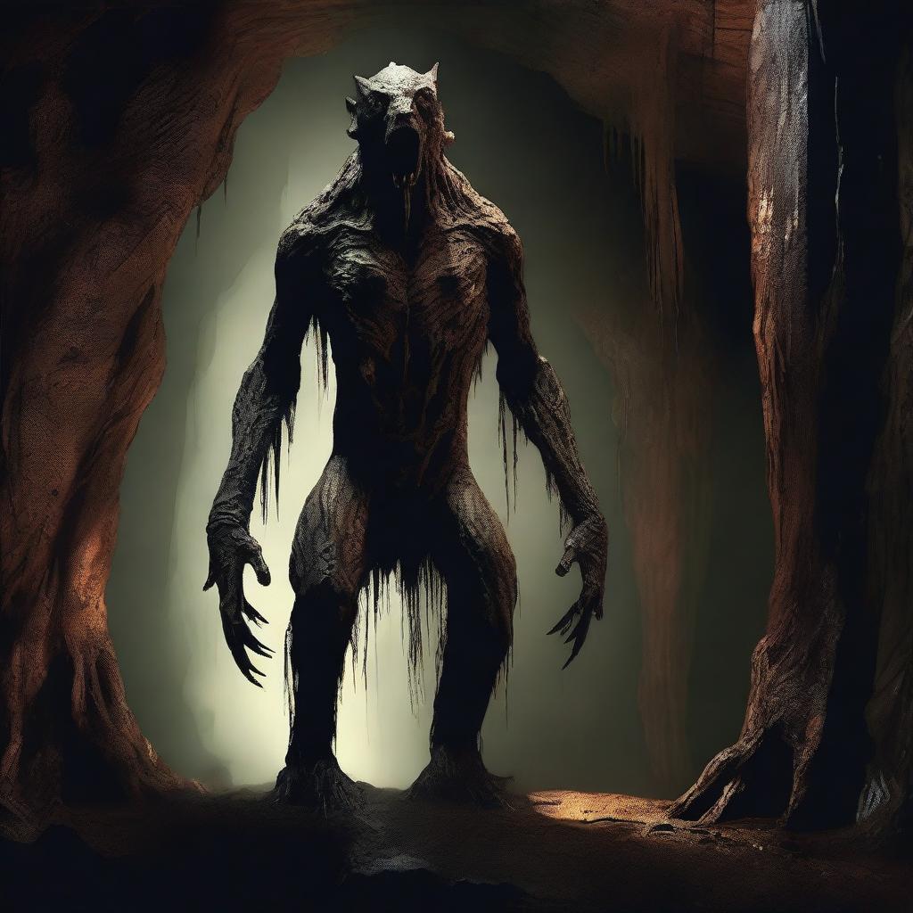 A photorealistic depiction of a frightening, tall creature with skin like tree bark, standing in an underground cavern