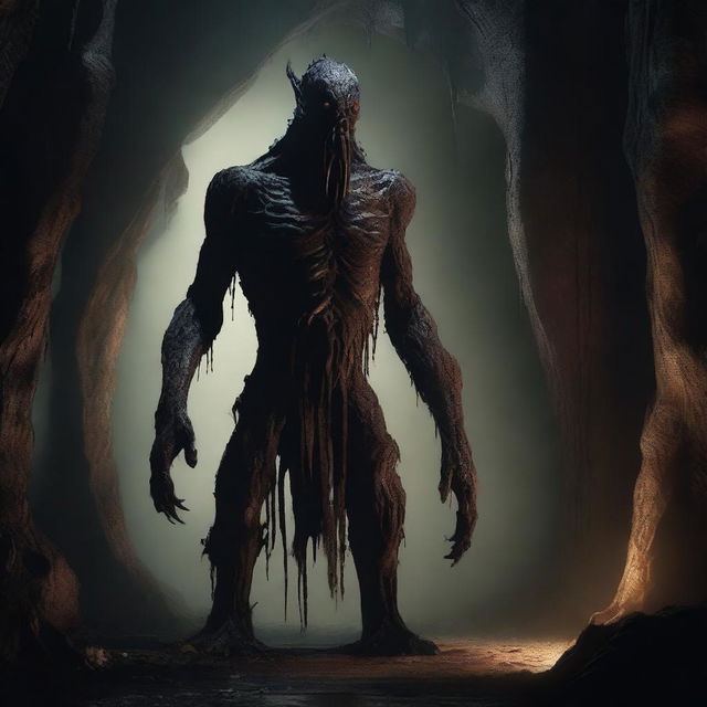 A photorealistic depiction of a frightening, tall creature with skin like tree bark, standing in an underground cavern