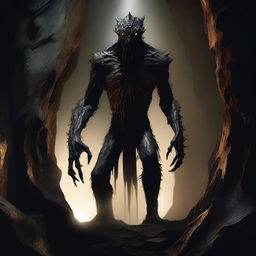 A photorealistic depiction of a frightening, tall creature with skin like tree bark, standing in an underground cavern