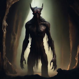 A photorealistic depiction of a frightening, tall creature with skin like tree bark, standing in an underground cavern