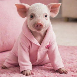 A baby pig sitting on a rug, wearing a pink Victoria's Secret pyjama set adorned with the VS logo.