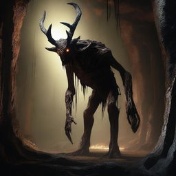 A photorealistic depiction of a horrifying humanoid creature, tall with skin like tree bark, standing menacingly in an expansive underground cavern