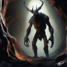 A photorealistic depiction of a horrifying humanoid creature, tall with skin like tree bark, standing menacingly in an expansive underground cavern