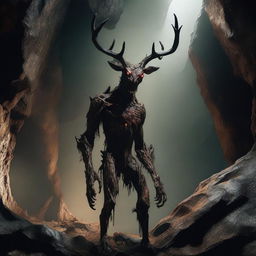 A photorealistic depiction of a horrifying humanoid creature, tall with skin like tree bark, standing menacingly in an expansive underground cavern