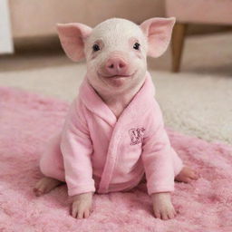 A baby pig sitting on a rug, wearing a pink Victoria's Secret pyjama set adorned with the VS logo.