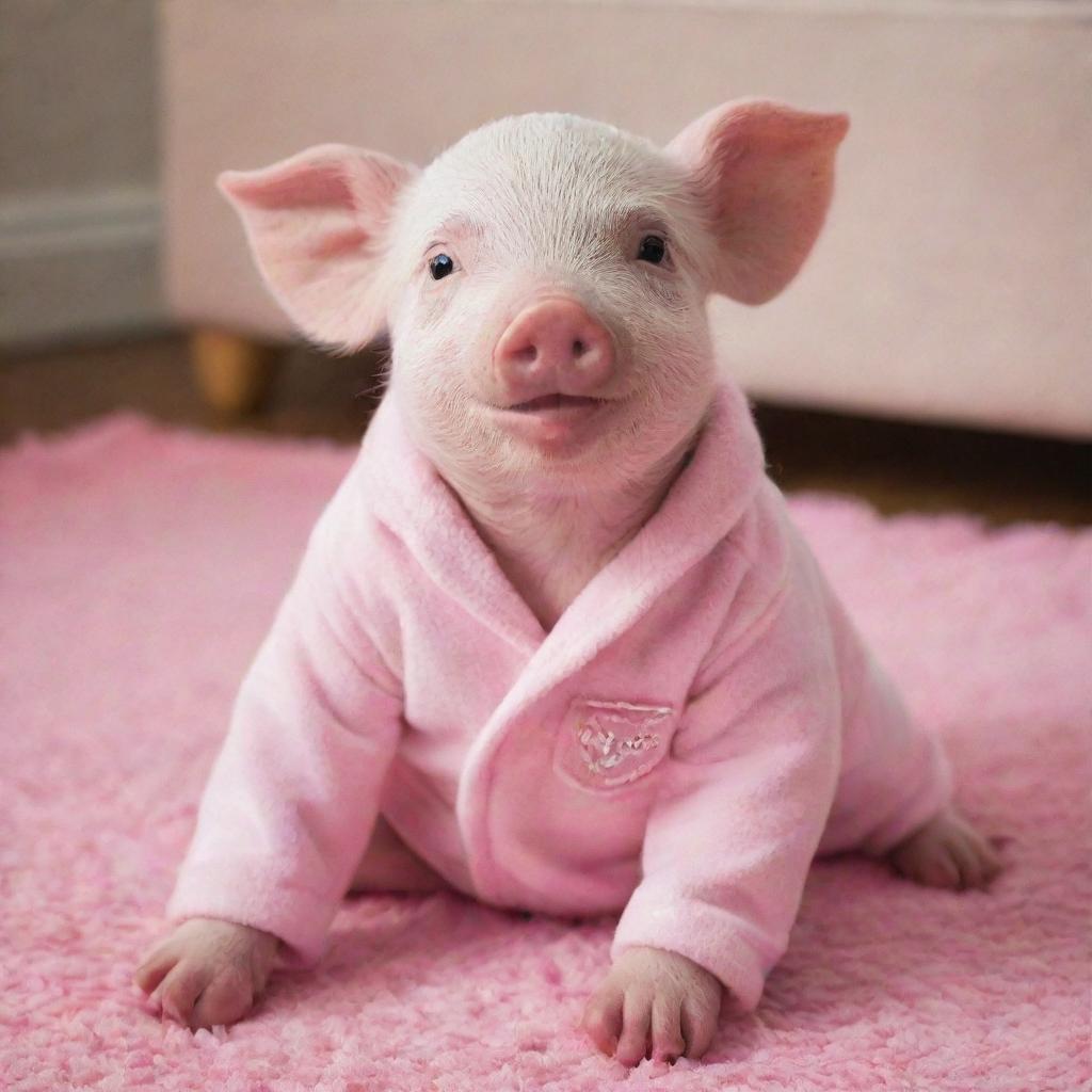 A baby pig sitting on a rug, wearing a pink Victoria's Secret pyjama set adorned with the VS logo.