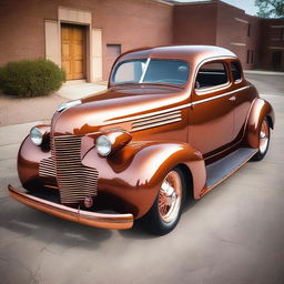 A detailed image of a 1939 Chevrolet Coupe featuring copper wheel rims and no bumper