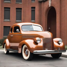 A detailed image of a 1939 Chevrolet Coupe featuring copper wheel rims and no bumper