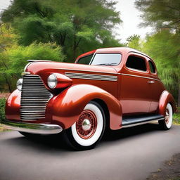 A detailed image of a 1939 Chevrolet Coupe featuring copper wheel rims and no bumper