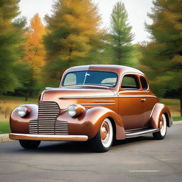 A detailed image of a 1939 Chevrolet Coupe featuring copper wheel rims and no bumper