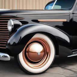 A detailed image of a 1939 black Chevrolet Coupe with copper wheel rims and no bumper