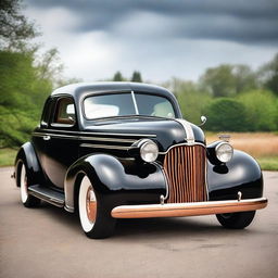 A detailed image of a 1939 black Chevrolet Coupe with copper wheel rims and no bumper