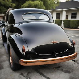 A detailed image of a 1939 black Chevrolet Coupe with copper wheel rims and no bumper