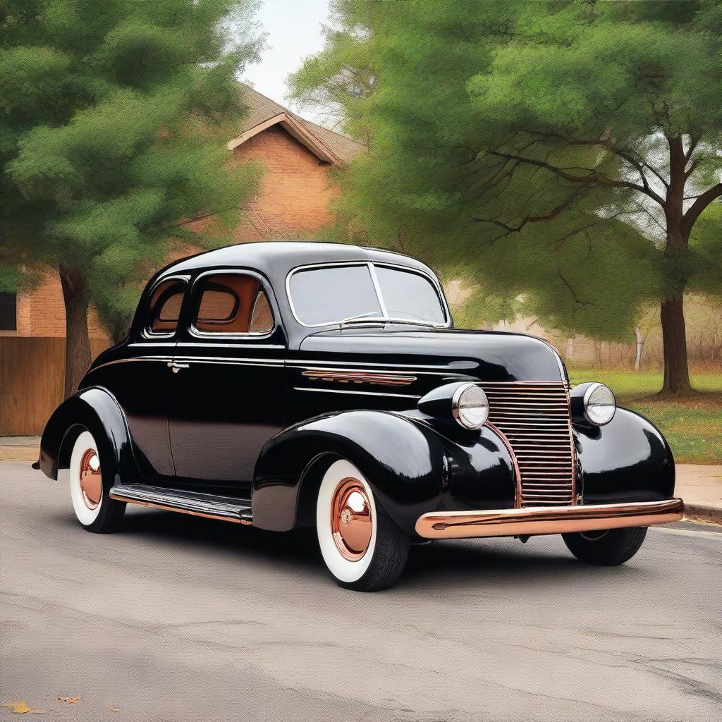 A detailed image of a 1939 black Chevrolet Coupe with copper wheel rims and no bumper