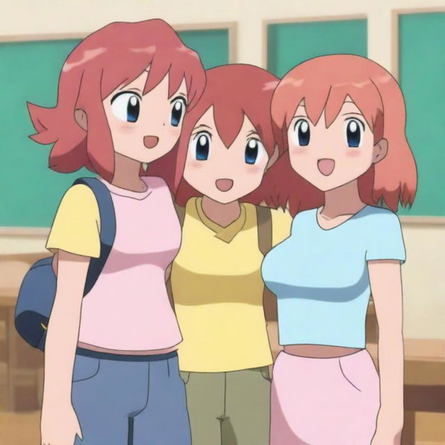 A front view of a classroom scene with three girls standing together