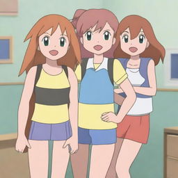 A front view of a classroom scene with three girls standing together