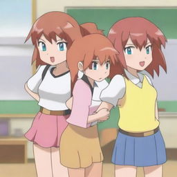 A front view of a classroom scene with three girls standing together