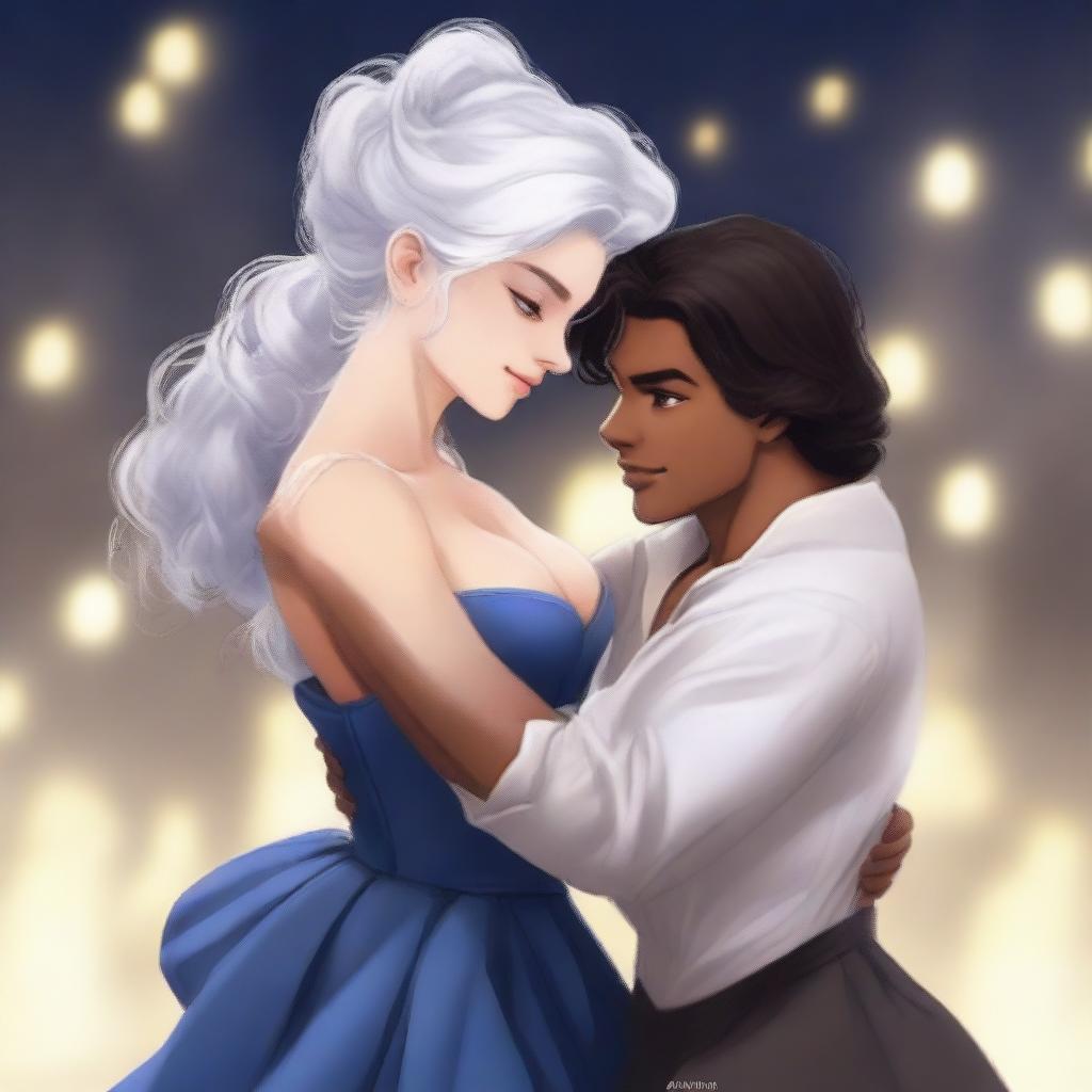 A realistic looking 18-year-old girl with silver hair, tan skin, and blue eyes, wearing a dark blue ball gown, dancing with a tall, muscular 19-year-old boy, with slightly messy ebony hair, tan skin, charming gray eyes, and dimples, wearing a white button-up shirt