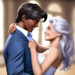 A realistic looking 18-year-old girl with silver hair, tan skin, and blue eyes, wearing a dark blue ball gown, dancing with a tall, muscular 19-year-old boy, with slightly messy ebony hair, tan skin, charming gray eyes, and dimples, wearing a white button-up shirt