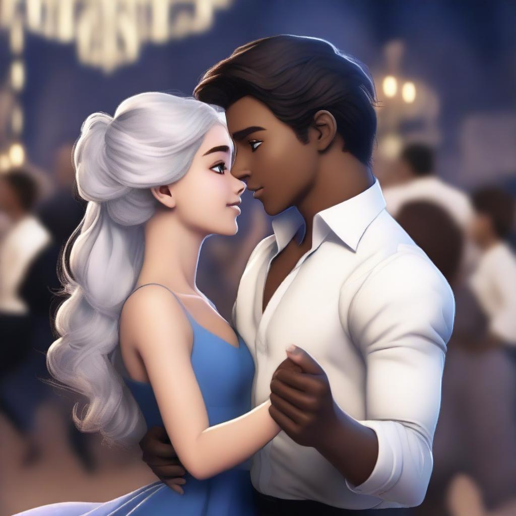 A realistic looking 18-year-old girl with silver hair, tan skin, and blue eyes, wearing a dark blue ball gown, dancing with a tall, muscular 19-year-old boy, with slightly messy ebony hair, tan skin, charming gray eyes, and dimples, wearing a white button-up shirt