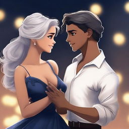 A realistic looking 18-year-old girl with silver hair, tan skin, and blue eyes, wearing a dark blue ball gown, dancing with a tall, muscular 19-year-old boy, with slightly messy ebony hair, tan skin, charming gray eyes, and dimples, wearing a white button-up shirt