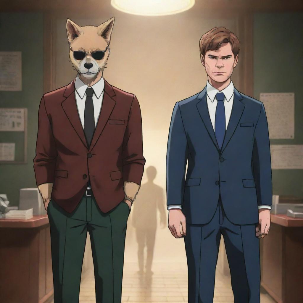 A stylish anime-style artwork featuring Dexter Morgan from 'Dexter' and Legoshi from 'Beastars', standing side by side in a suspenseful atmosphere.