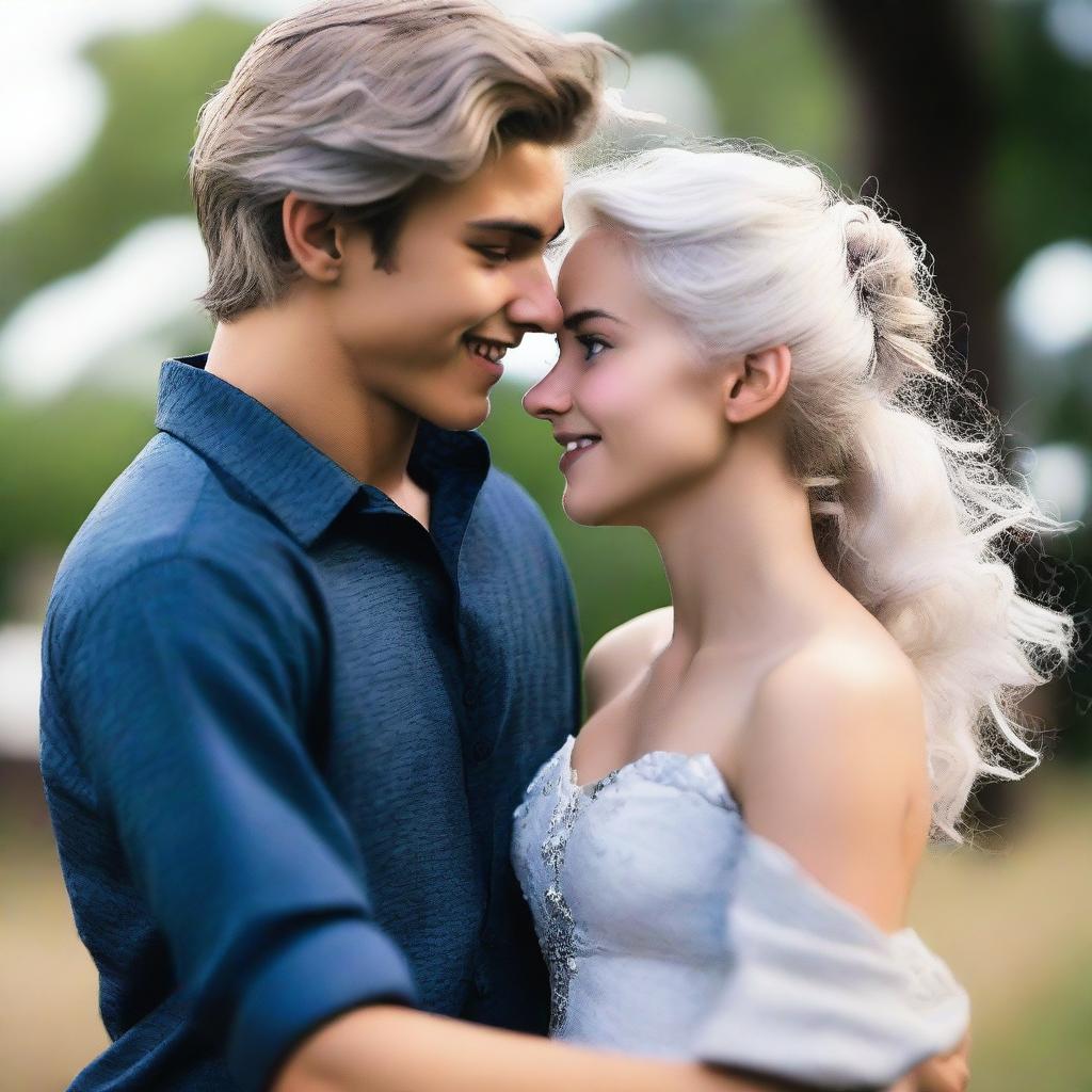 A cinematic photography style image of an 18-year-old girl with silver hair, tan skin, and blue eyes, wearing a dark blue ball gown, dancing with a tall, muscular 19-year-old boy, with slightly messy ebony hair, charming gray eyes, and dimples, wearing a white button-up shirt