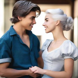 A cinematic photography style image of an 18-year-old girl with silver hair, tan skin, and blue eyes, wearing a dark blue ball gown, dancing with a tall, muscular 19-year-old boy, with slightly messy ebony hair, charming gray eyes, and dimples, wearing a white button-up shirt