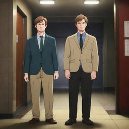 A stylish anime-style artwork featuring Dexter Morgan from 'Dexter' and Legoshi from 'Beastars', standing side by side in a suspenseful atmosphere.