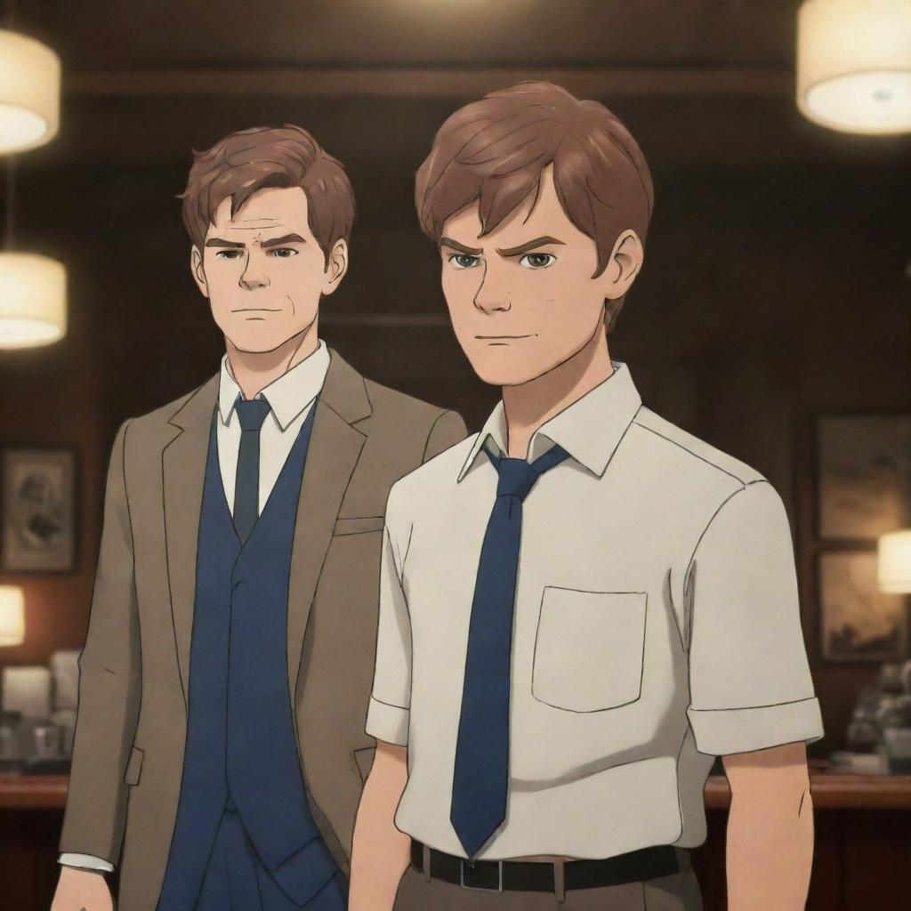 A stylish anime-style artwork featuring Dexter Morgan from 'Dexter' and Legoshi from 'Beastars', standing side by side in a suspenseful atmosphere.