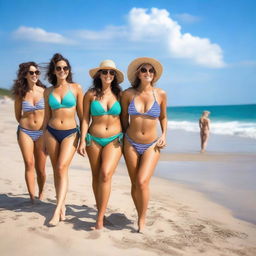 A group of women in bikinis enjoying a sunny day at the beach, with clear blue skies and gentle waves in the background