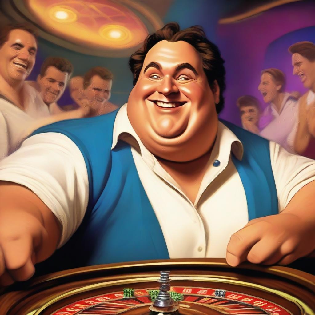 A humorous scene featuring an overweight Greek god laughing heartily while playing roulette in a vibrant casino