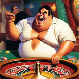 A humorous scene featuring an overweight Greek god laughing heartily while playing roulette in a vibrant casino