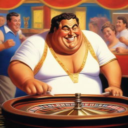 A humorous scene featuring an overweight Greek god laughing heartily while playing roulette in a vibrant casino