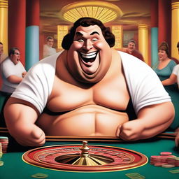 A humorous scene featuring an overweight Greek god laughing heartily while playing roulette in a vibrant casino