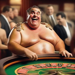 A funny, laughing, slightly overweight Greek god in a casino playing roulette