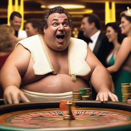 A funny, laughing, slightly overweight Greek god in a casino playing roulette