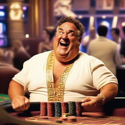 A funny, laughing, slightly overweight Greek god in a casino playing roulette